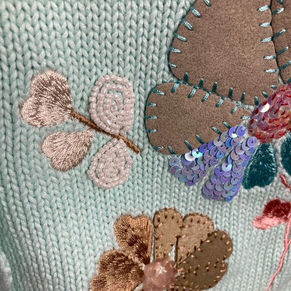 NWT So Forth Cardigan Womens Sz M‎ Blue Green Aqua Linen Floral Beaded Sweater - Picture 3 of 11